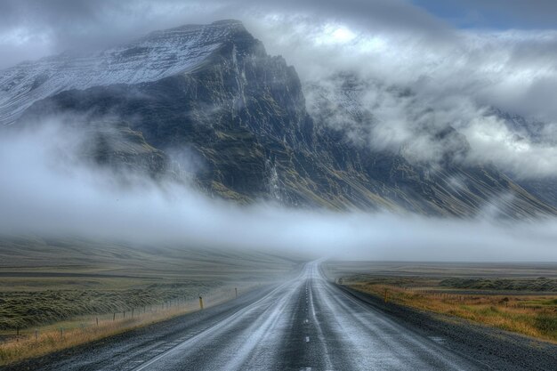 Mountains and fog by highway in Iceland