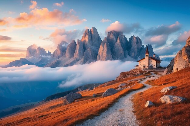 Photo mountains in fog with beautiful house and church at night in autumn landscape with high rocks blue sky with moon rocky mountain peaks in clouds tre cime in dolomites italy alps at sunset in fall