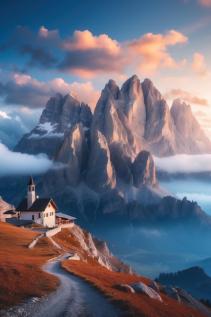 Photo mountains in fog with beautiful house and church at night in autumn landscape with high rocks blue sky with moon rocky mountain peaks in clouds tre cime in dolomites italy alps at sunset in fall