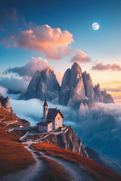 Photo mountains in fog with beautiful house and church at night in autumn landscape with high rocks blue sky with moon rocky mountain peaks in clouds tre cime in dolomites italy alps at sunset in fall