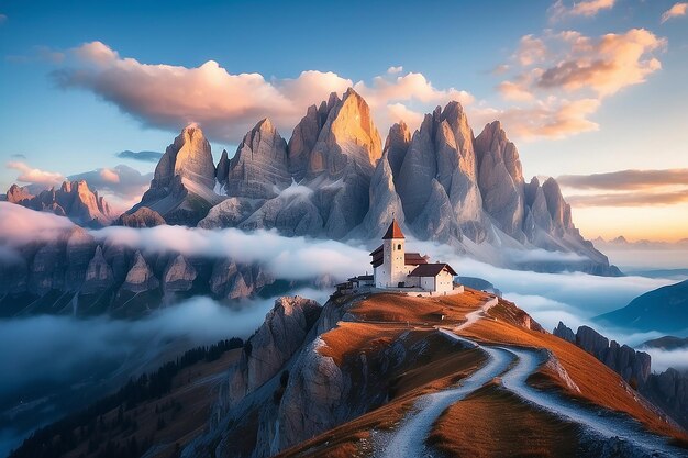 Mountains in fog with beautiful house and church at night in autumn Landscape with high rocks blue sky with moon Rocky mountain peaks in clouds Tre Cime in Dolomites Italy Alps at sunset in fall