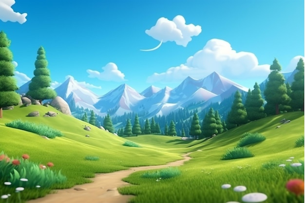 Mountains forest anime cartoon scenery rainbow