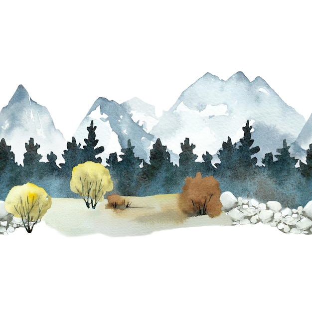 山と森の水彩画 縫い目なしの水平パターン 抽象的な風景 手描き