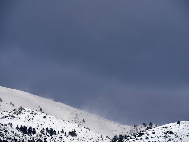 ギリシャのエヴィア島ユービア島の雲の背景に雪の山と森