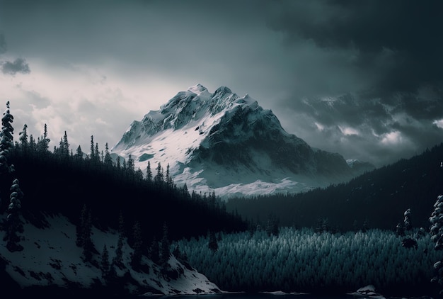 Mountains in a forested and snowy setting with an overcast sky