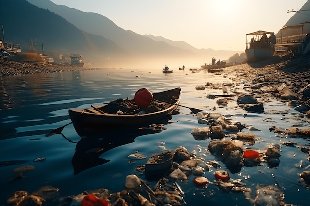 물 위의 쓰레기 산, 바다에 있는 플라스틱 쓰레기, 호수 위의 플라스티크 쓰레기 3D 렌더링