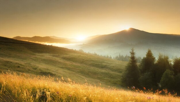 Photo mountains golden sunrise and meadow beauty