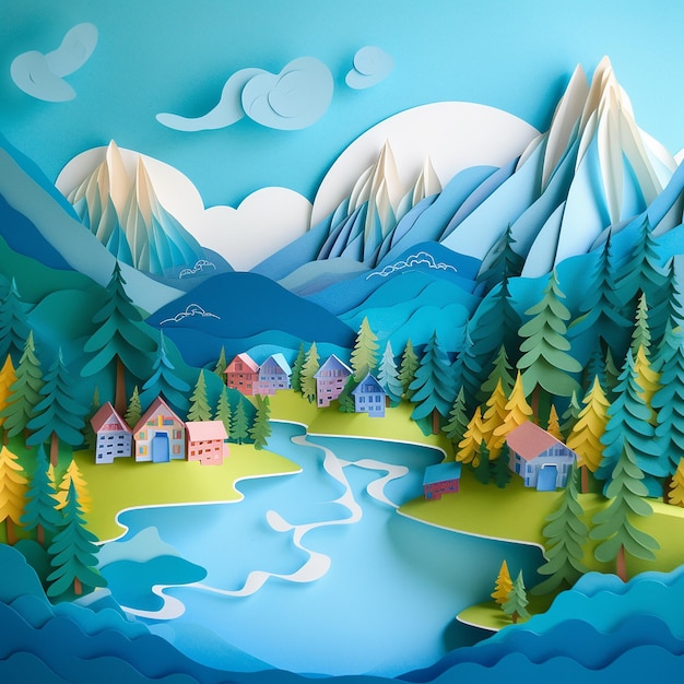 mountains illustration on blue paper style background