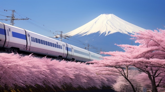 일본의 산들인 후지 산과 시바 산의 체리 꽃