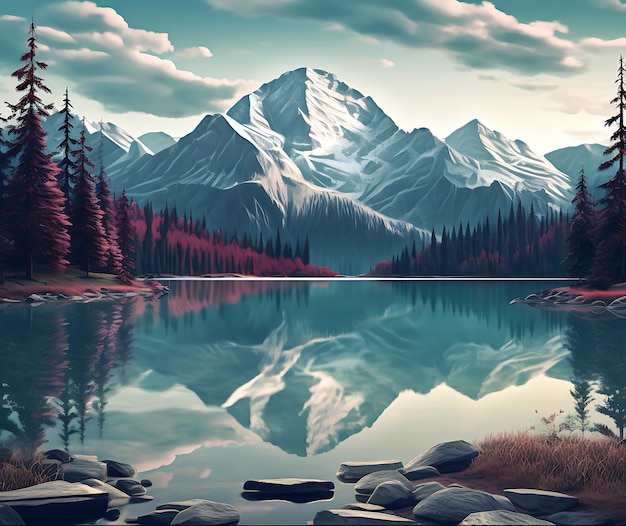 Photo mountains and lake background ai generated