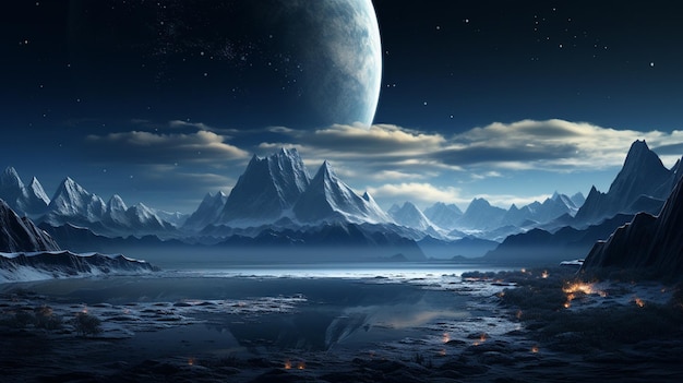 mountains and a lake in the middle of a desert with a moon in the sky generative ai