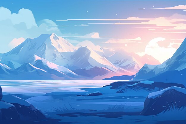 Mountains and a lake in a snowy landscape with a sunset generative ai