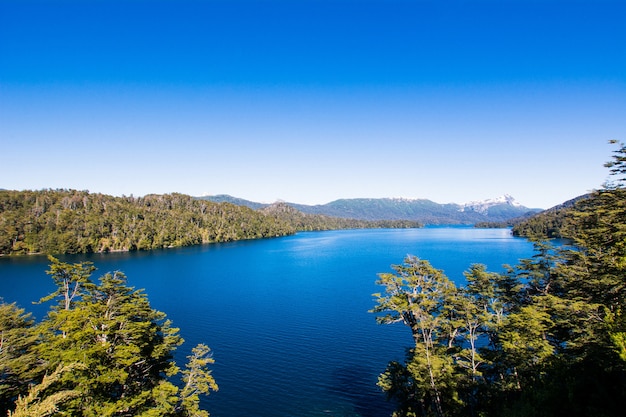 Photo mountains and lake, summer landscape.