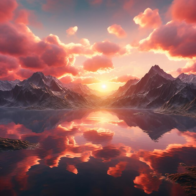 Mountains and lake at sunset