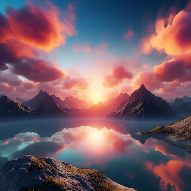 Mountains and lake at sunset