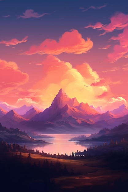 Mountains and a lake in a valley with a sunset sky generative ai