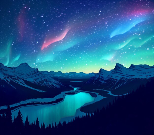 Photo mountains and a lake with aurora lights in the sky generative ai