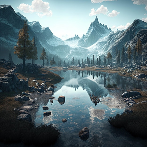 Mountains and a lake with rocks and grass in the foreground generative ai