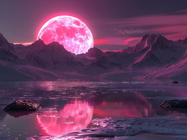 山や湖 巨大な赤い月