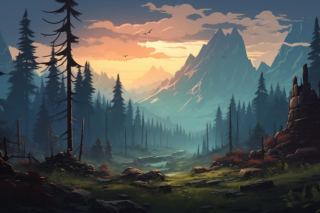 Mountains landscape with cedar forest