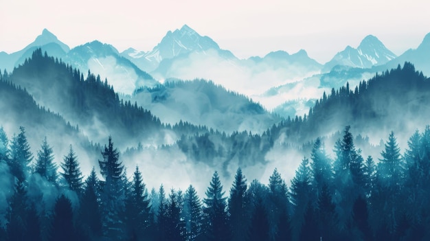 Mountains landscape with fog and forest Background illustration generated by ai