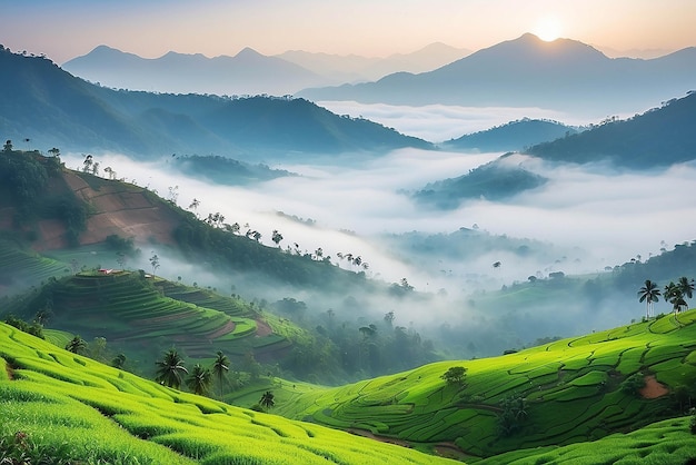 아침에 안개 아래의 산들 놀라운 자연 풍경 케랄라 신의 자신의 나라 관광 및 여행 컨셉 이미지 신선하고 편안한 유형의 자연 이미지