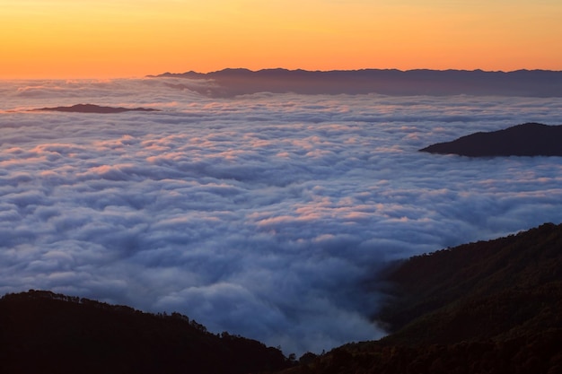 Mountains under mist in the morning Doi Phu Kha National Park in Nan Thailand