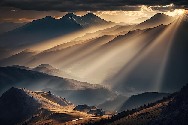 Mountains in mist and sun rays on spring day