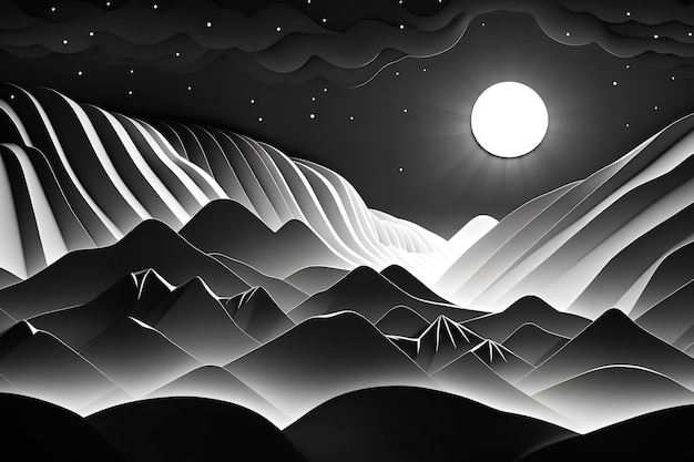 밤하늘 별과 하늘의 보름달 아래 산 엽서 축하 및 포스터용 장식을 위한 아름다운 미니멀리즘 인쇄 Generative AI