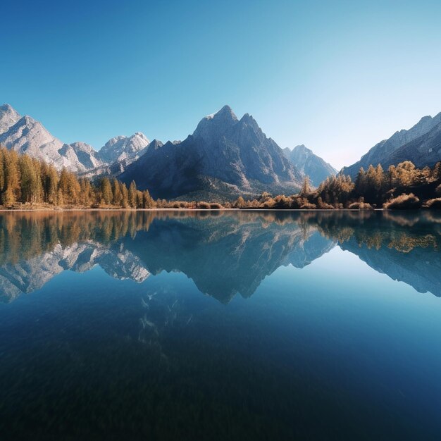 Mountains reflected in a lake with a clear sky generative ai