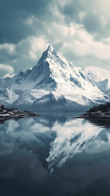 Mountains reflected in a lake with a cloudy sky generative ai