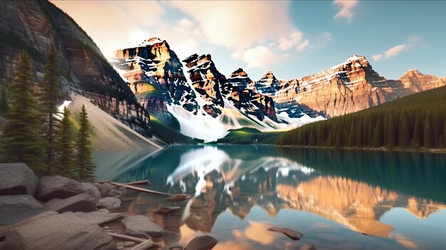 Photo mountains reflected in a lake with rocks and trees generative ai