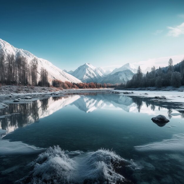 Mountains reflected in a lake with snow on the ground generative ai