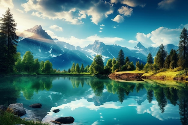 mountains reflected in a lake with trees