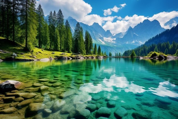 mountains reflected in a lake with trees