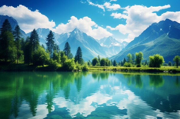 mountains reflected in a lake with trees