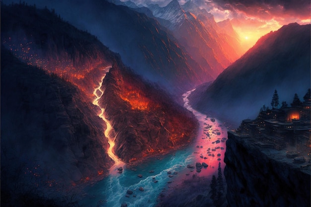 Mountains and river in the background of a sunset generative ai