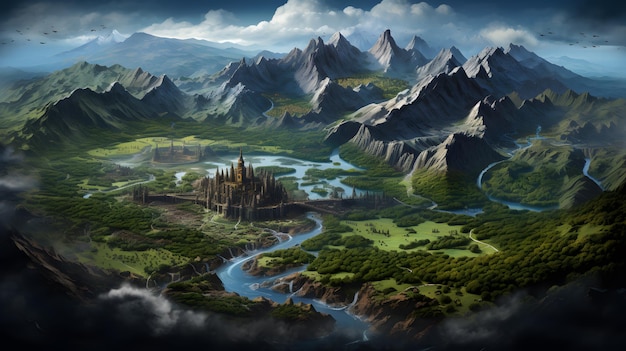 mountains and a river in a fantasy world with a castle Generative AI