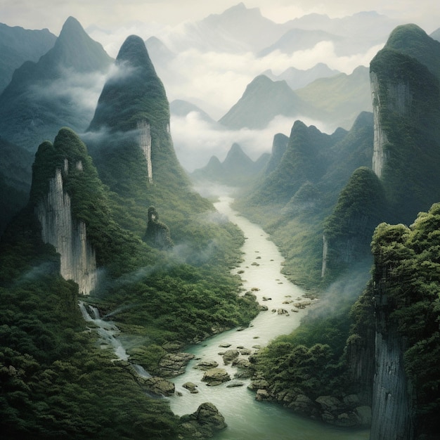 Mountains and a river surrounded by green trees and fog generative ai