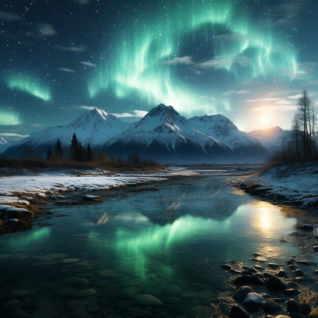 Photo mountains and a river with a green aurora light in the sky generative ai