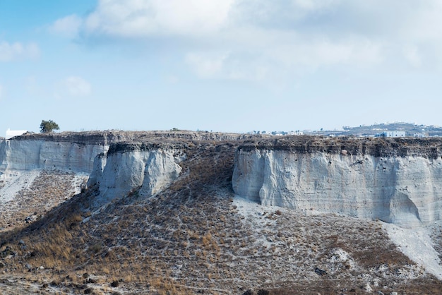 The mountains of Santorini on a cloudy day