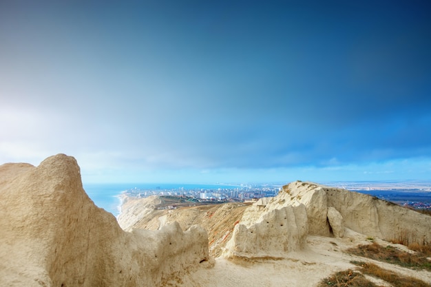 Mountains and sea landscape with the blue sky