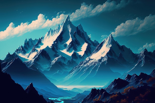 Mountains set against a sky of blue