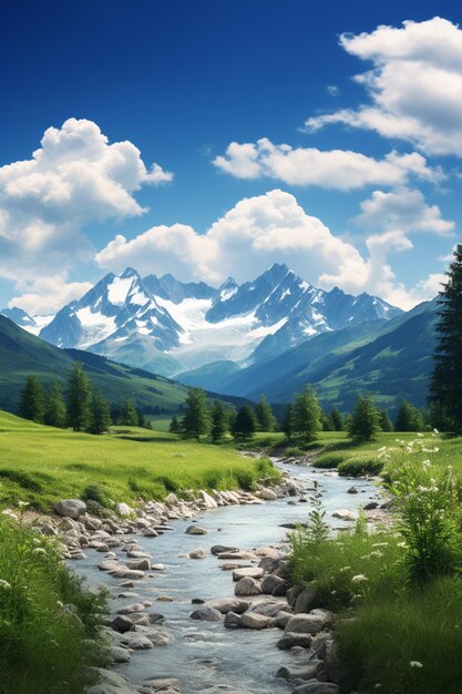 Mountains and a stream in a green valley with rocks and grass generative ai