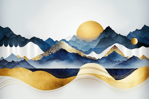 山とその上の太陽 お祝いのはがきやポスターの装飾用の美しいミニマルなプリント ジェネレーティブ AI