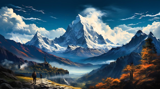 The mountains in this image are shown with a man on the path