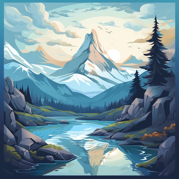 mountains and trees are reflected in a lake in a blue frame generative ai