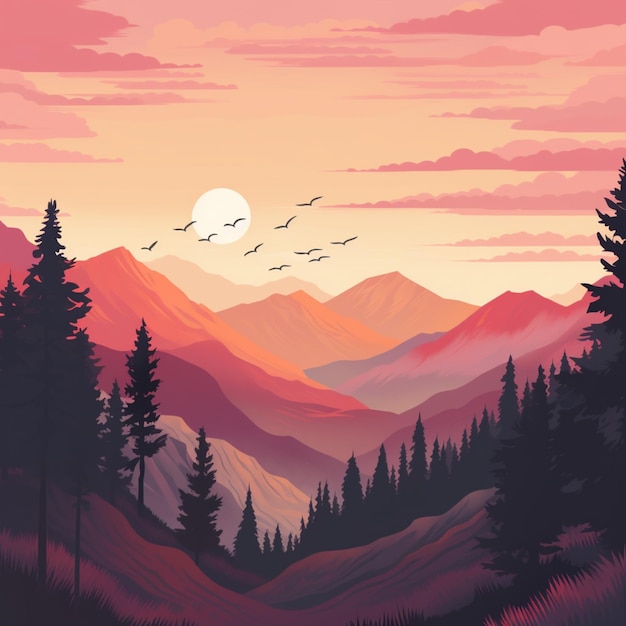 mountains and trees in a sunset scene with birds flying over them generative ai