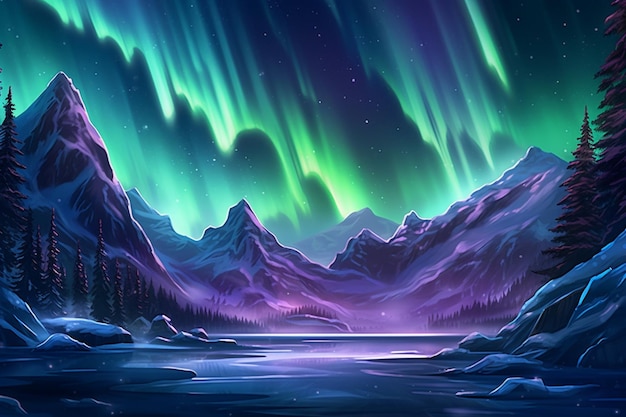 Mountains and trees with aurora lights in the sky generative ai