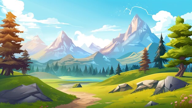 Горы, долина и река в стиле мультфильмов